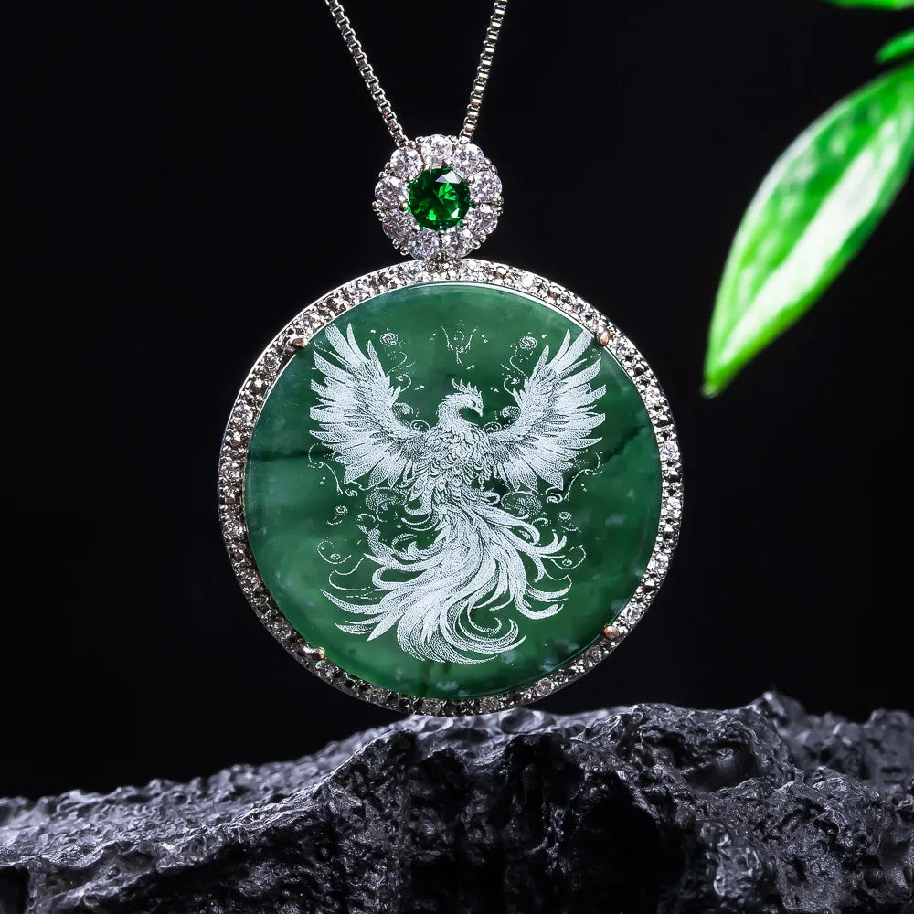 Phoenix Emerald Shadow-Carved S925 Silver Pendant, Sacred Rebirth Amulet