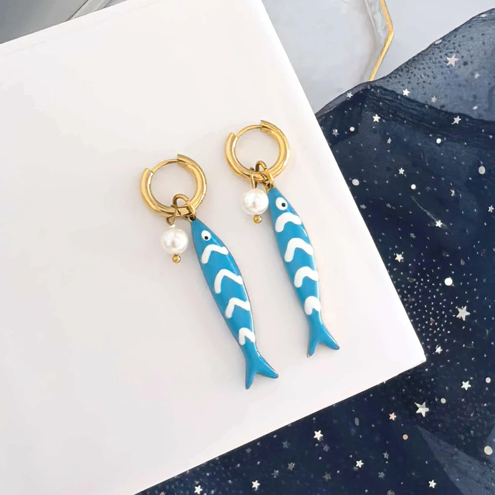 Fish Pearl Gold Hoop Drop Earrings Jewelry