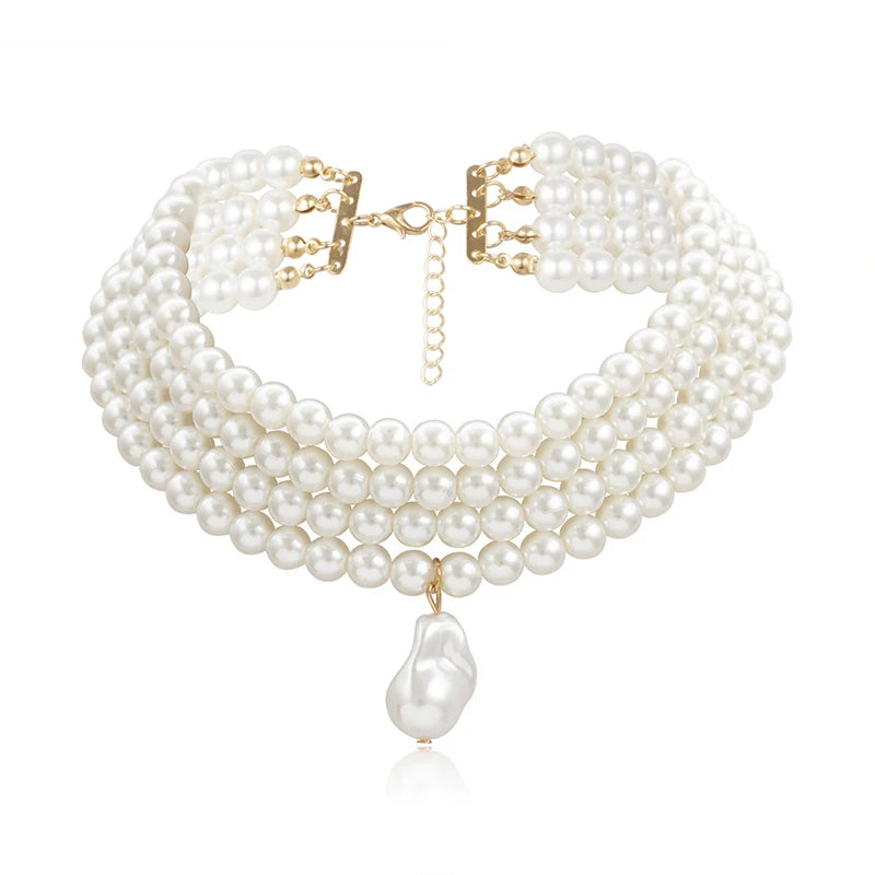 Baroque Pearl Layered Strand Boho Choker Wedding Necklace