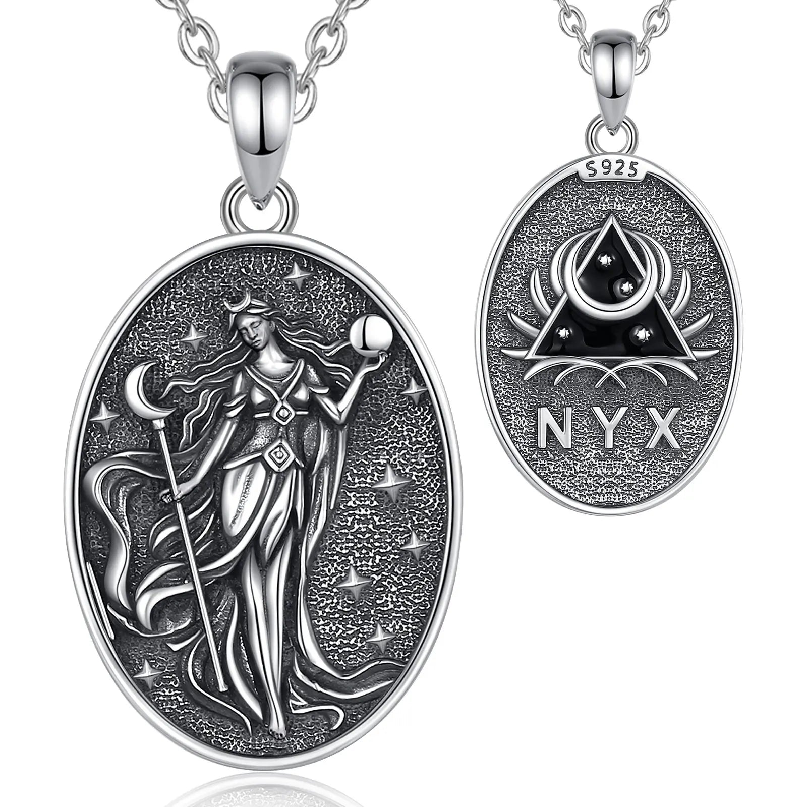 S925 Sterling Silver Nyx Moon Goddess Pendant Necklace, Dark Goddess of Night Wicca Amulet