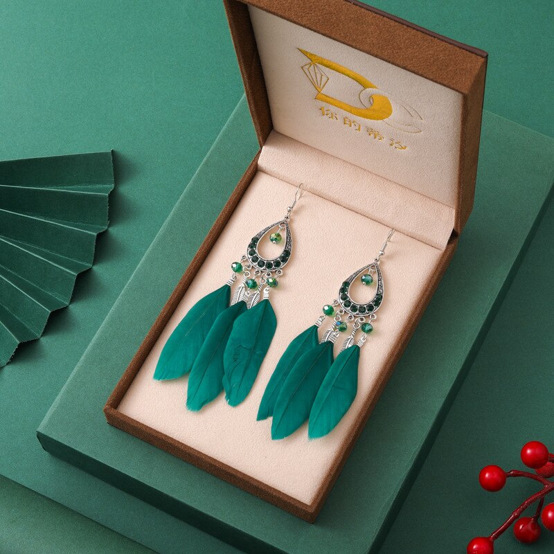 Vintage Long Water Drop Feather Earrings for Women Elegant Insert Rhinestone Crystal Bead Leaf Tassel Earring Female Jewelry