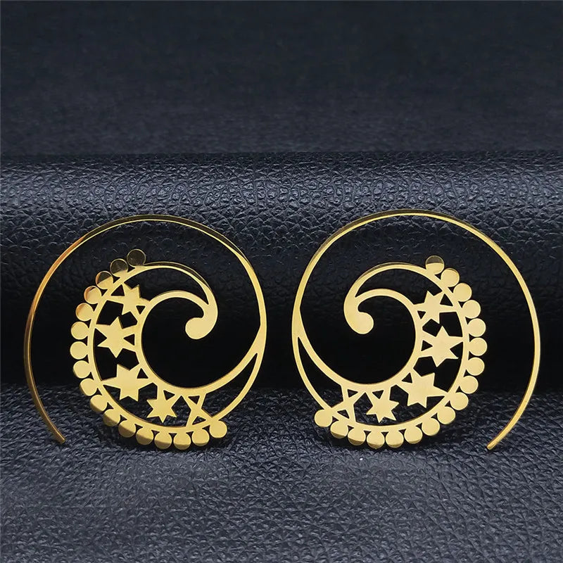Mandala Spiral Steel Hoop Earrings Jewelry