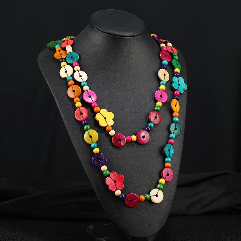 Bohemian Necklace for Women Personalized Exaggerated Ethnic Color Coconut Shell Wooden Necklace Girls Vacation Party Trendy Gift