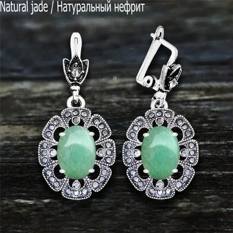 Vintage Plumflower Natural Jades Quartz Earrings For Women Antique Silver Plated Lapis Lazuli Tiger Eye Stone Fashion Earring - Charlie Dolly