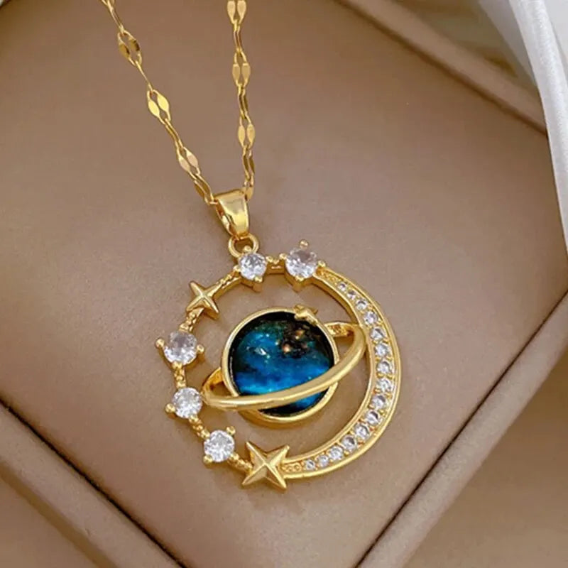 Astronaut Planet Moon Pendant Necklace, Gold Titanium Steel Cosmic Star Series
