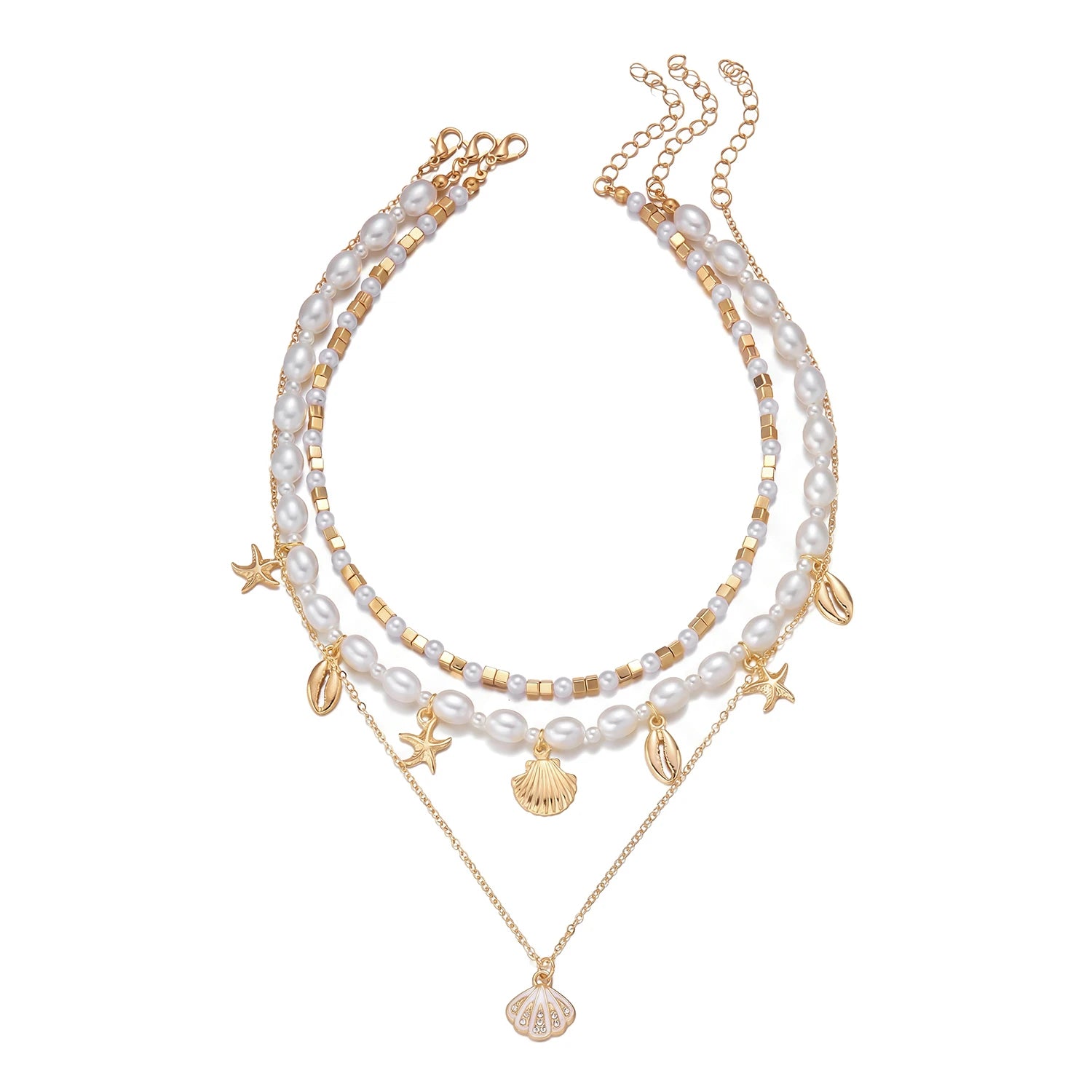 Starfish Shell and Pearl Layered Choker