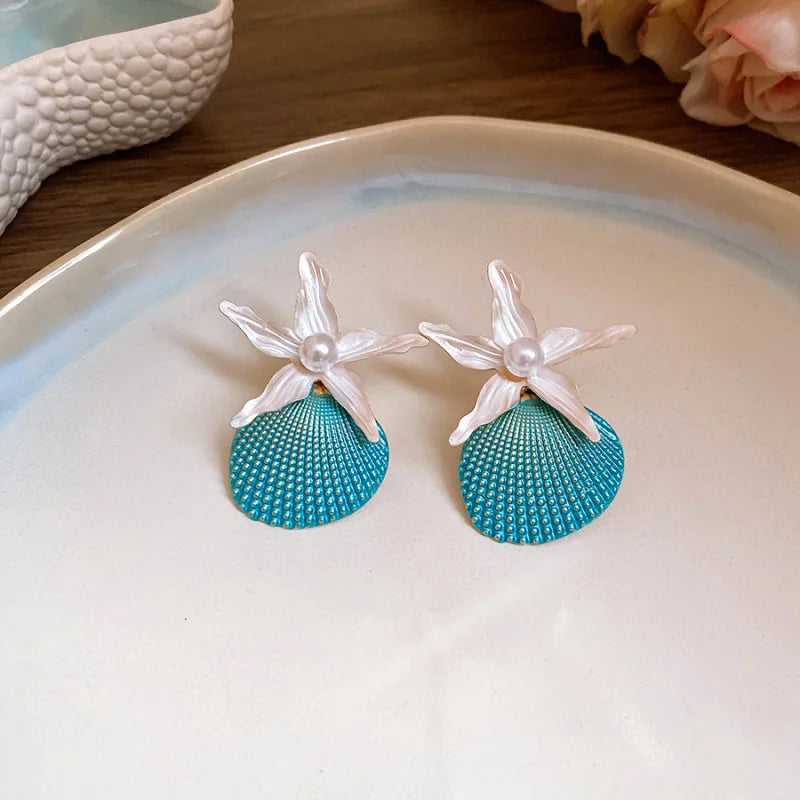Irregular Shell, Starfish and Pearl Tassel Necklace and Earring Set