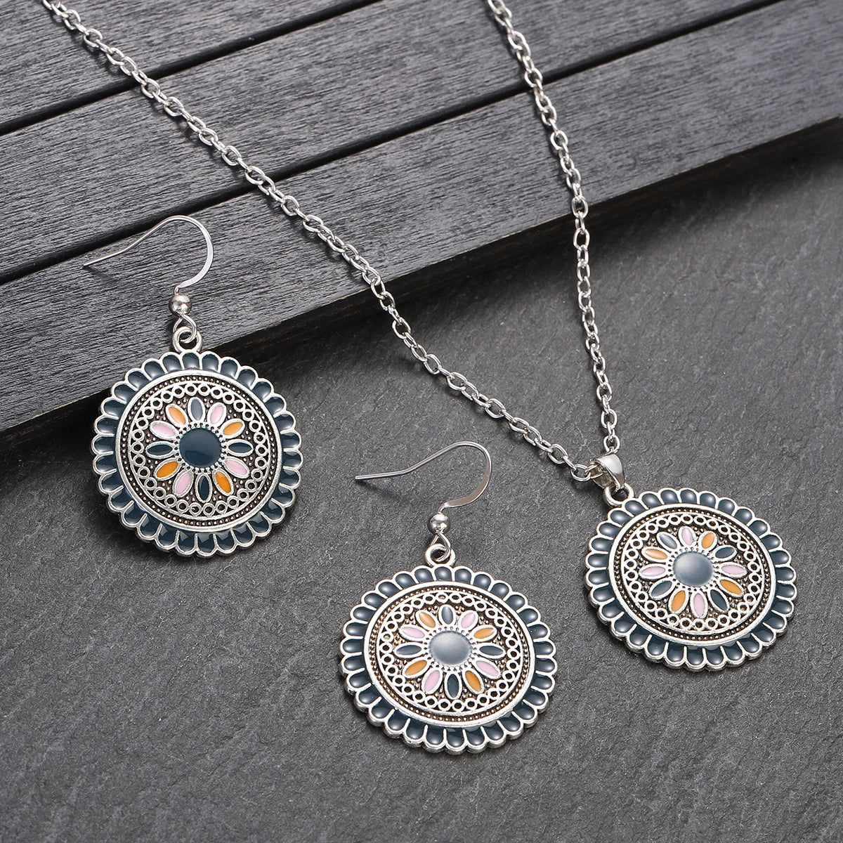 Colorful Bead Flower Necklace Earring Set Jewelry