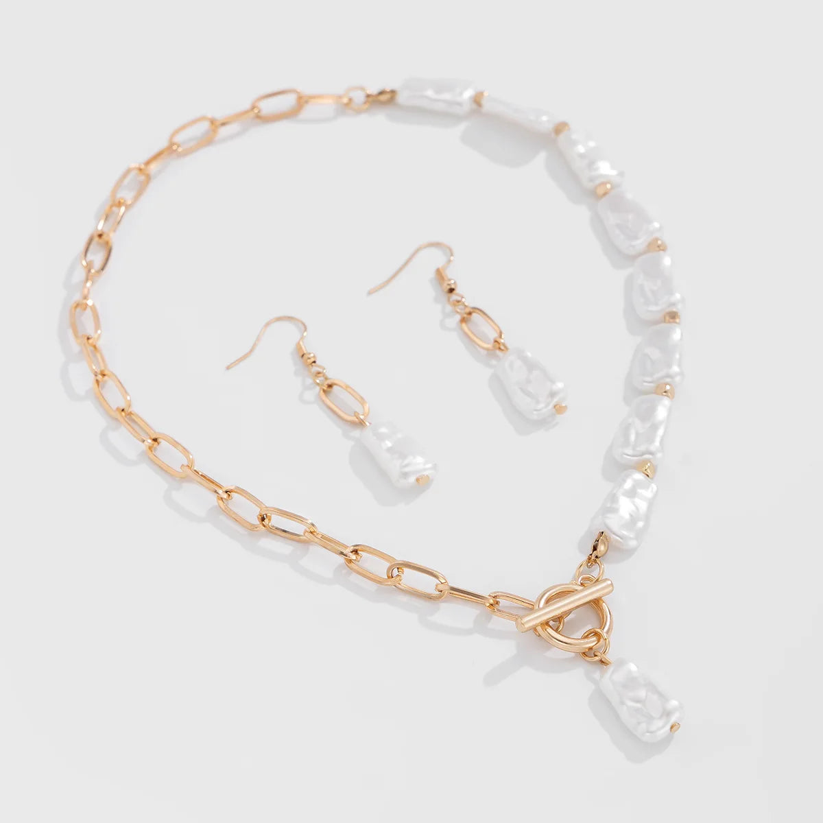 Square Pearl and Cross Chain Boho Necklace, Earring and Bracelet Set
