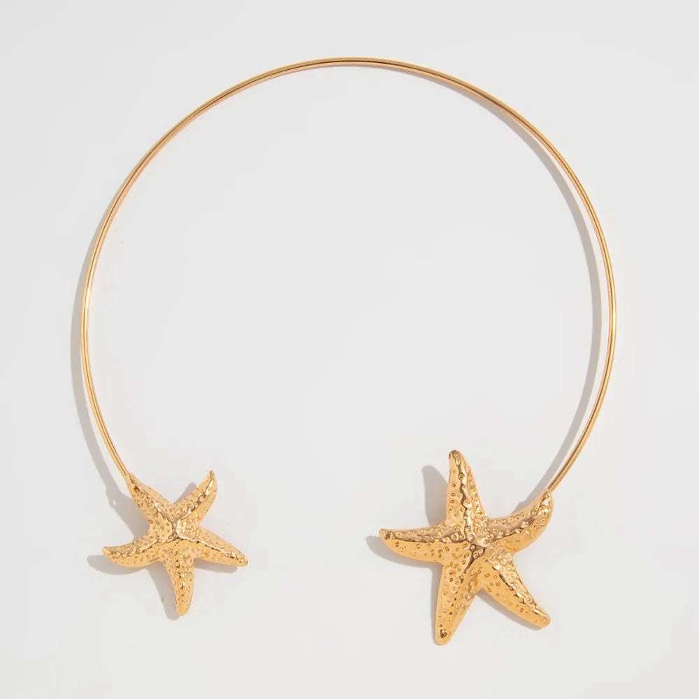 Gold Starfish and Shell Open Torque Choker Necklace