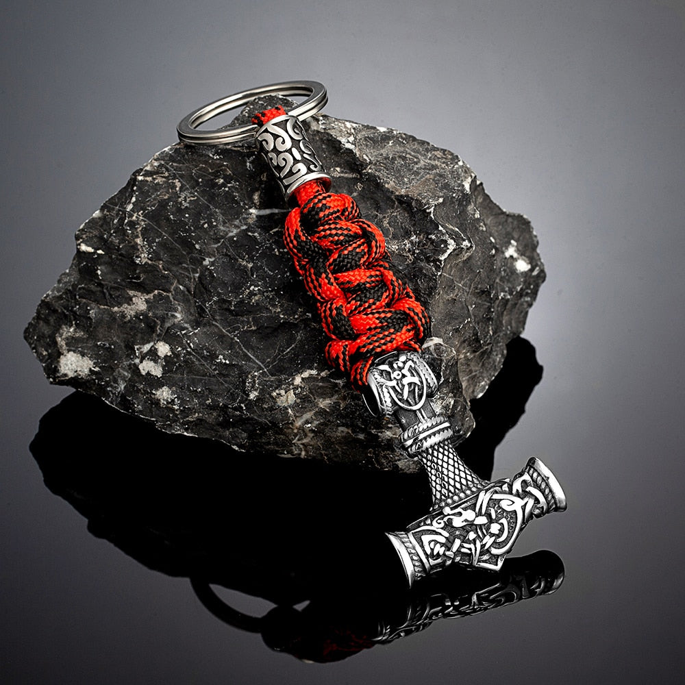 Norse Thor's Hammer Vikings Keychain Men Charm Braided Lanyard Stainless Steel Keyring Valknut Rune Handmade Retro Jewelry