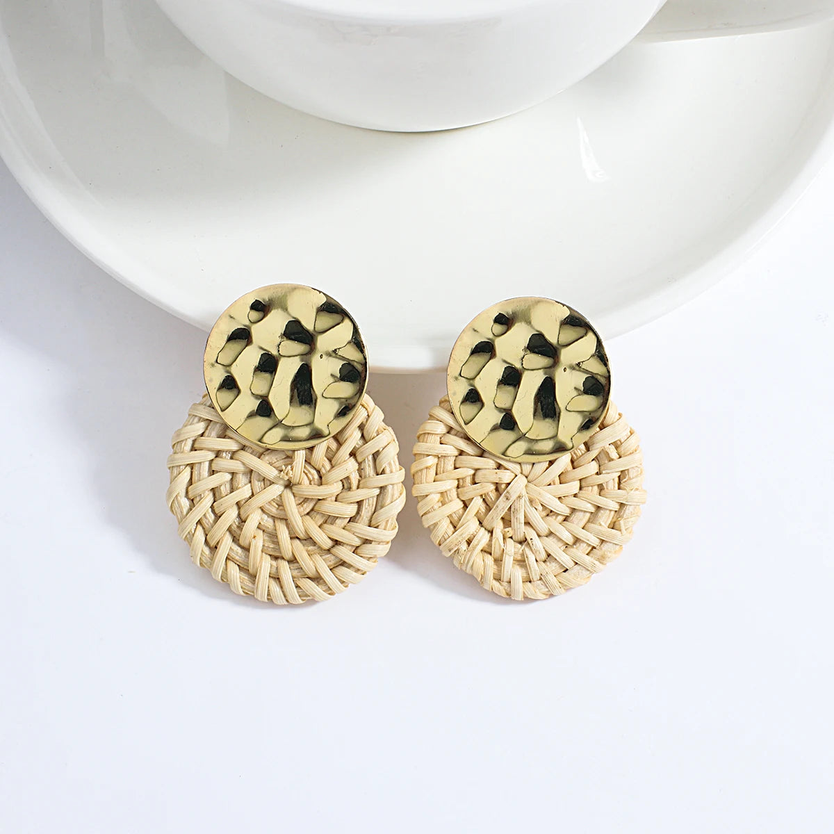Wooden Rattan Braid Geometric Drop Earrings Jewelry
