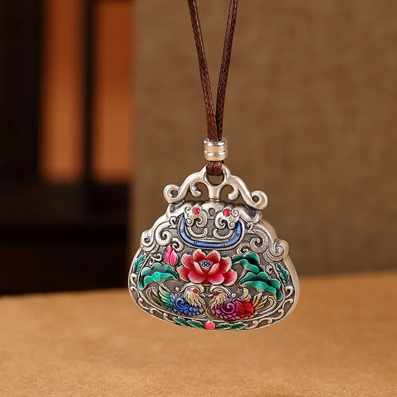 925 Sterling Silver Cloisonne Mandarin Duck & Lotus Enamel Necklace, Auspicious Love Amulet