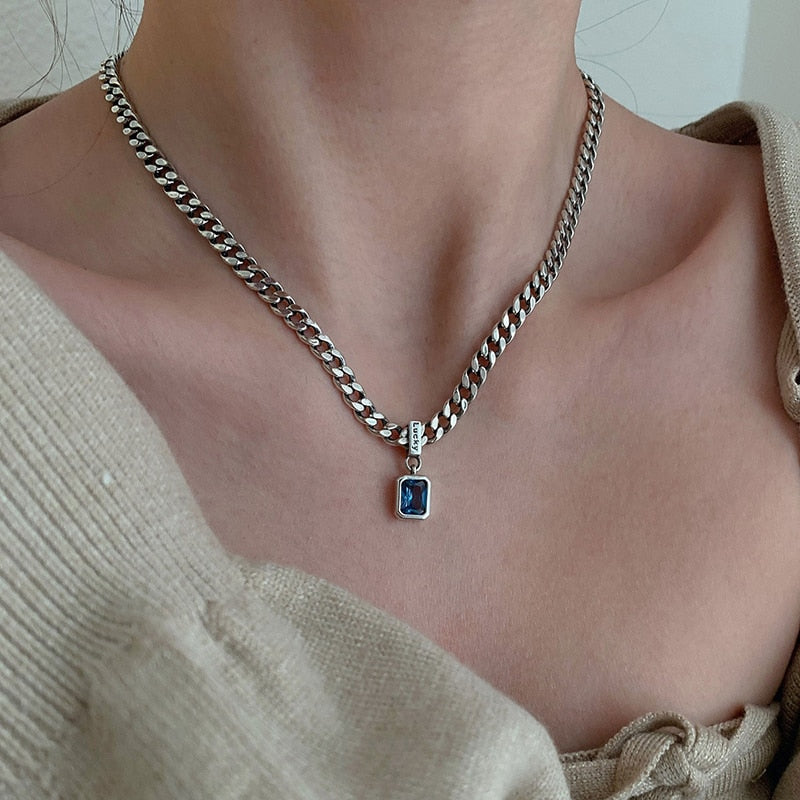 New 925 Sterling Silver Square Blue Zirconia Necklace Cuban Type Choker Matching Party Gift Exquisite Women's Jewelry