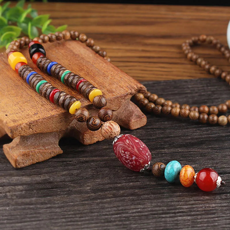 Wood Bead Bodhi Pendant Sweater Chain Necklace Jewelry