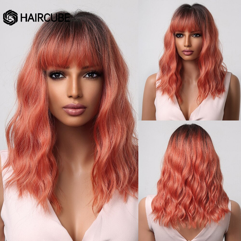 Medium Length Water Wave Synthetic Wigs Cute Pink Wigs With Bangs for Women Cosplay Natural Heat Resistant Bob Lolita Hair