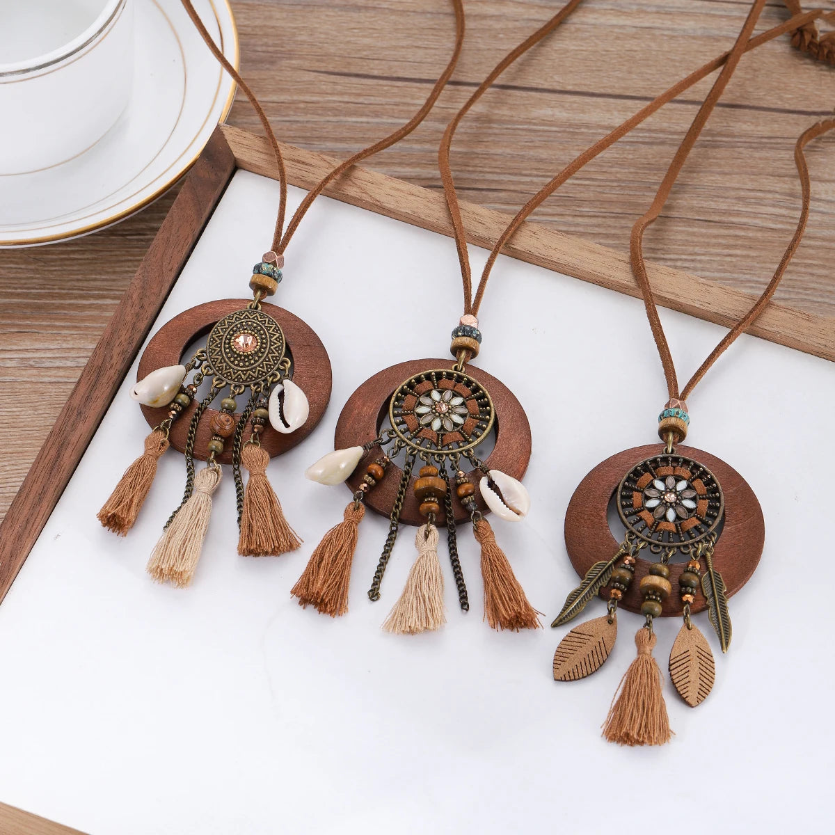 Wood Flower Bead Leaf Tassel Long Necklace Jewelry