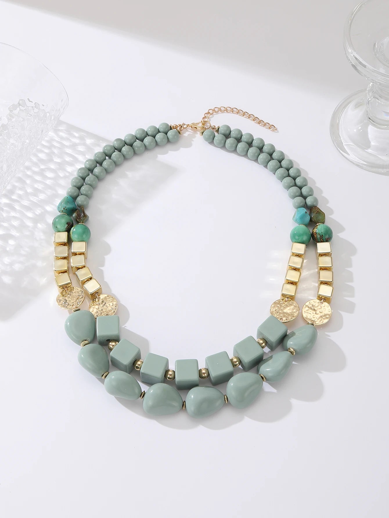 Chunky Acrylic Bead Hammered Disc Necklace Jewelry