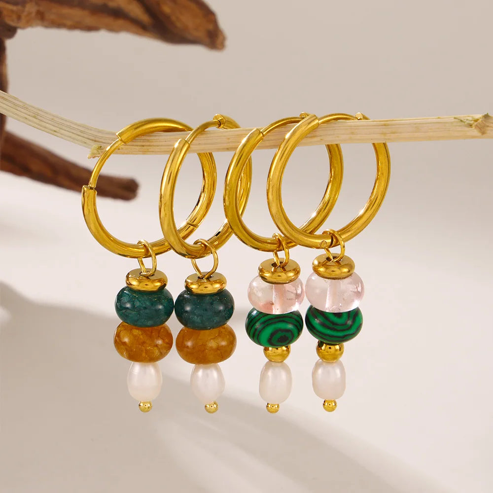 Multi-Color Natural Stone Dangle Earrings, Waterproof Stainless Steel Boho Jewelry