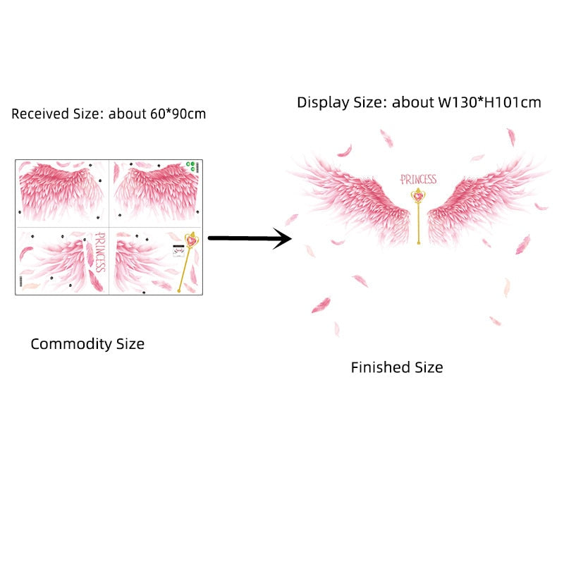 Creative Pink Feathers Wings Wall Stickers DIY Cartoon Girl Wall Decals for Kids Rooms Kindergarten Nursery Home Decoration