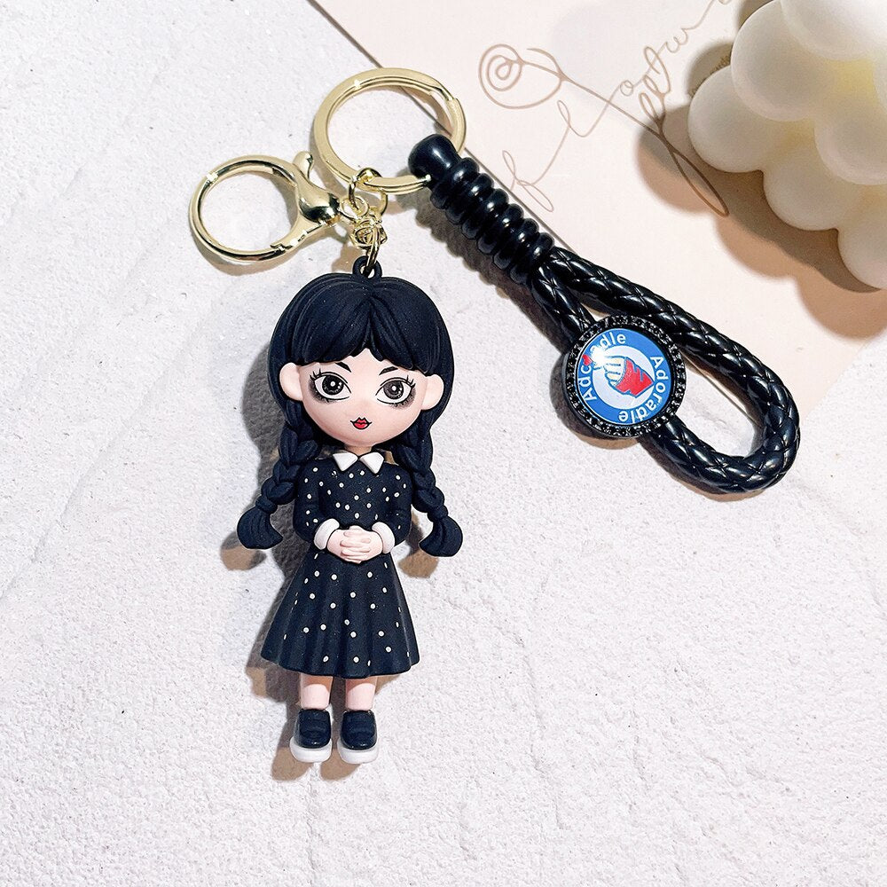 Trend Movie Addams 3d Keychain Wednesday Addams Pendant Keyrings Cartoon Figure Keyholder Backpack Car Key Keychains Accessories