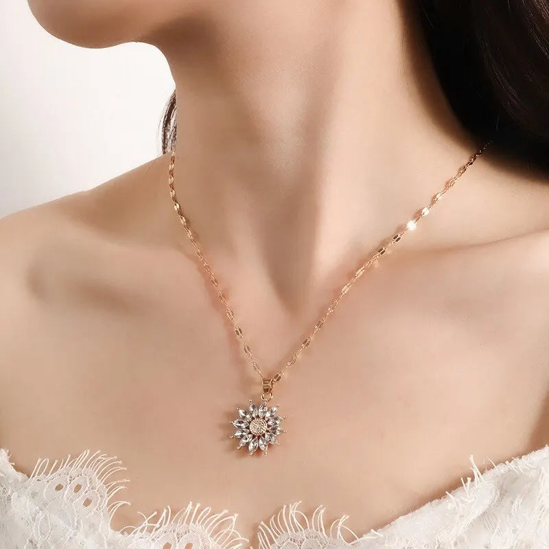Gold Flower Zirconia Pendant Necklace, Titanium Steel Luxury Chain