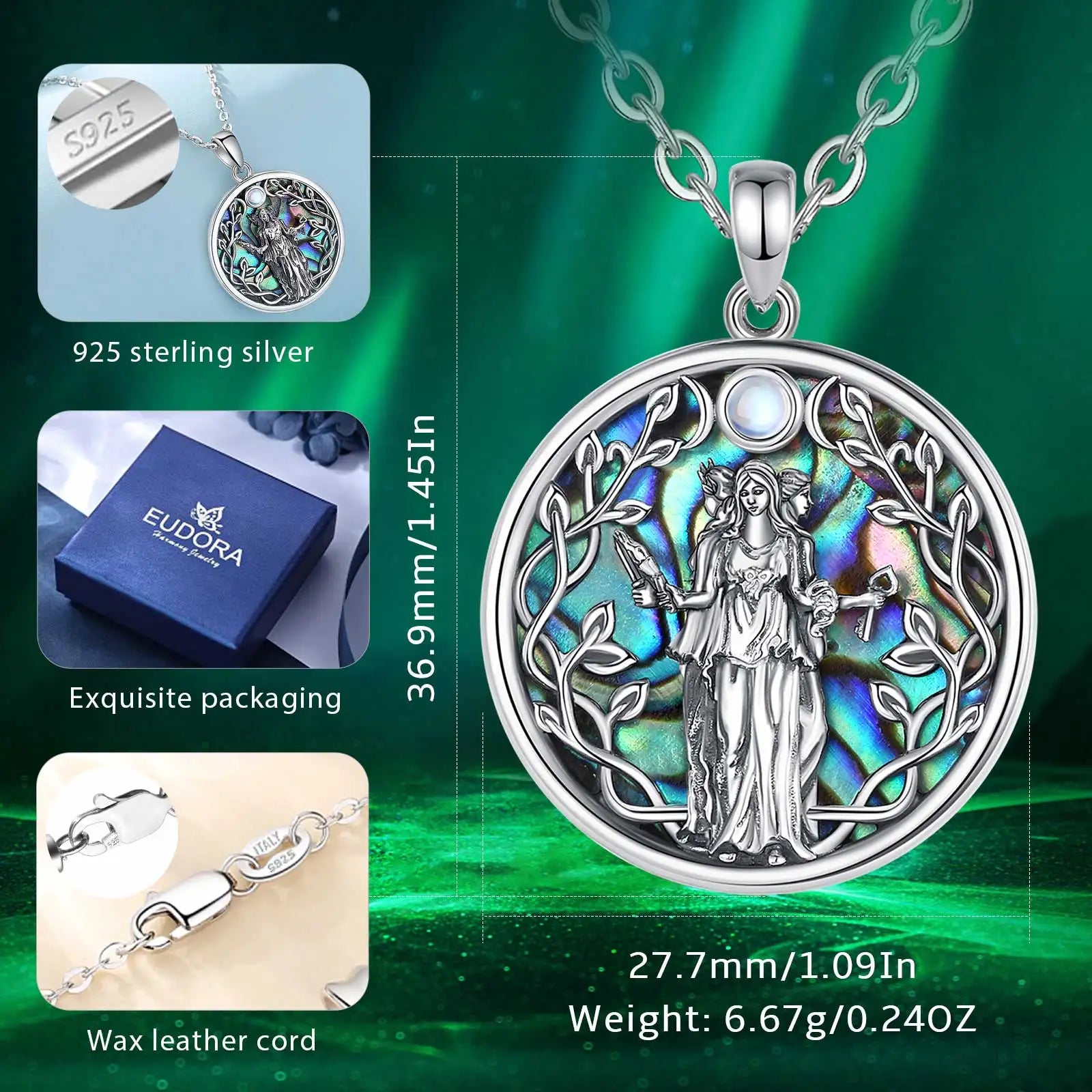 S925 Sterling Silver Triple Moon Goddess Pendant Necklace, Hecate Natural Abalone Amulet