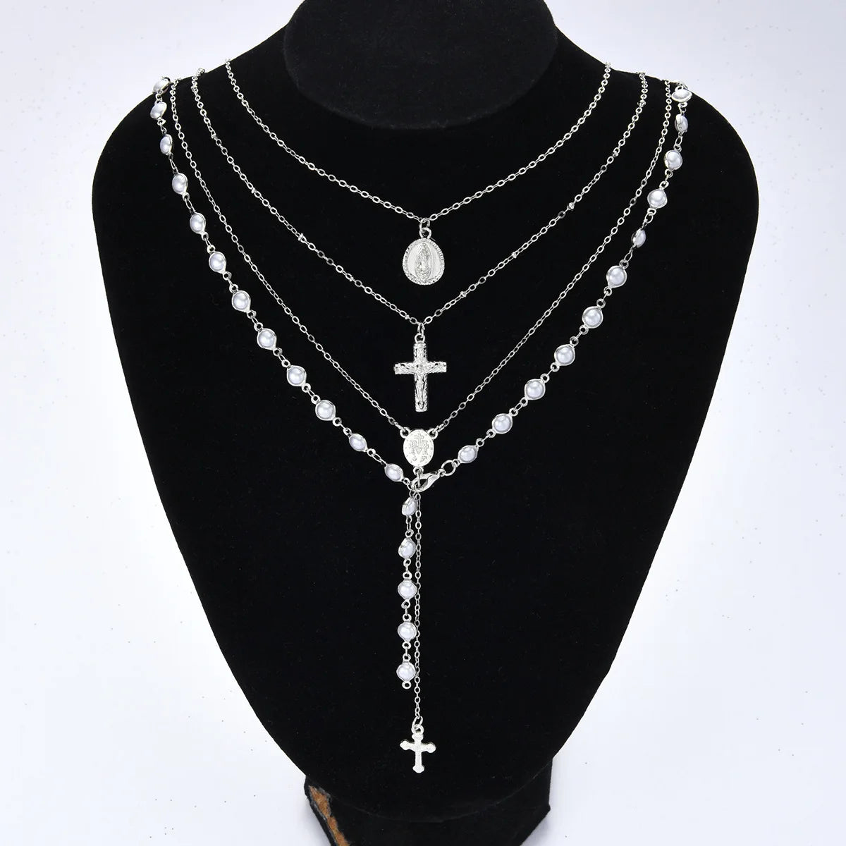 Silver Pearl Cross Pendant Layered Necklace Set Jewelry