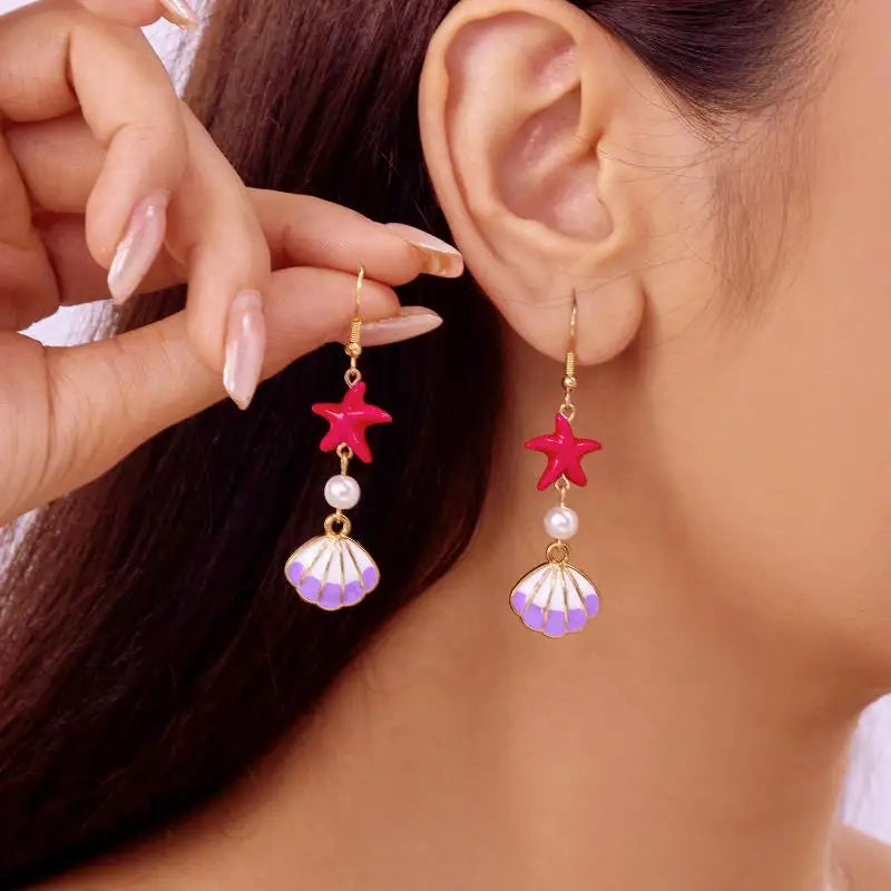 Pearl, Conch and Starfish Cute Boho Earrings