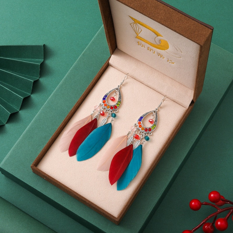 Vintage Long Water Drop Feather Earrings for Women Elegant Insert Rhinestone Crystal Bead Leaf Tassel Earring Female Jewelry