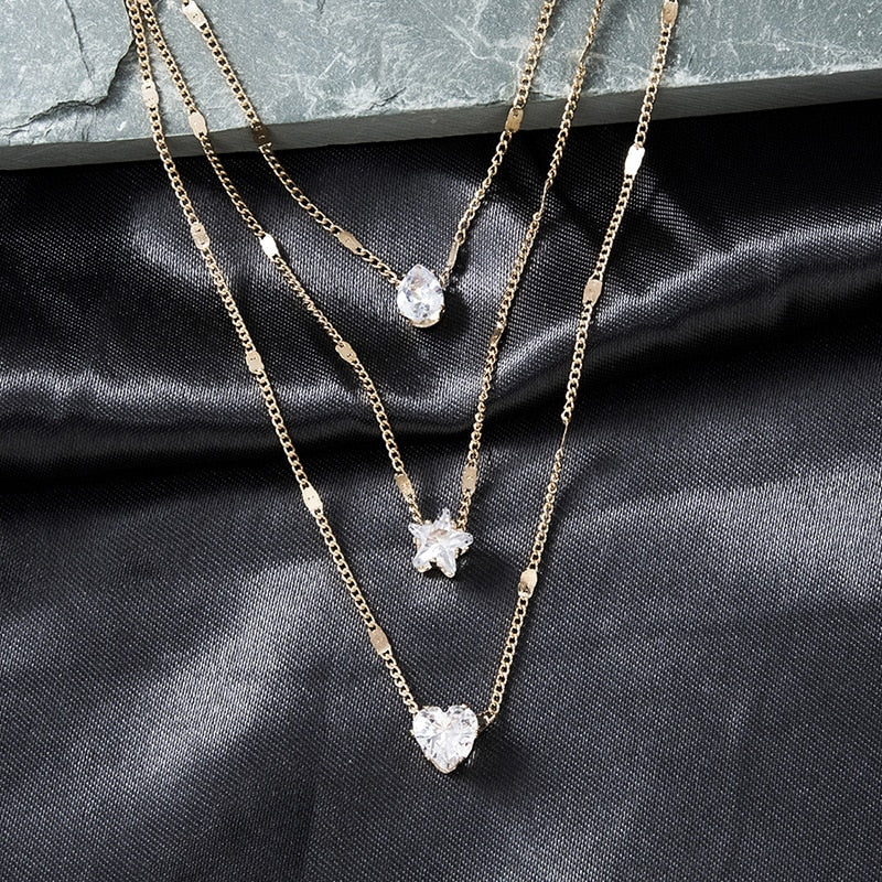 Shiny Crystal Zircon Heart Star Charm Layered Pendant Necklace for Women Charms Fashion Square Rhinestone Female Vintage Jewelry