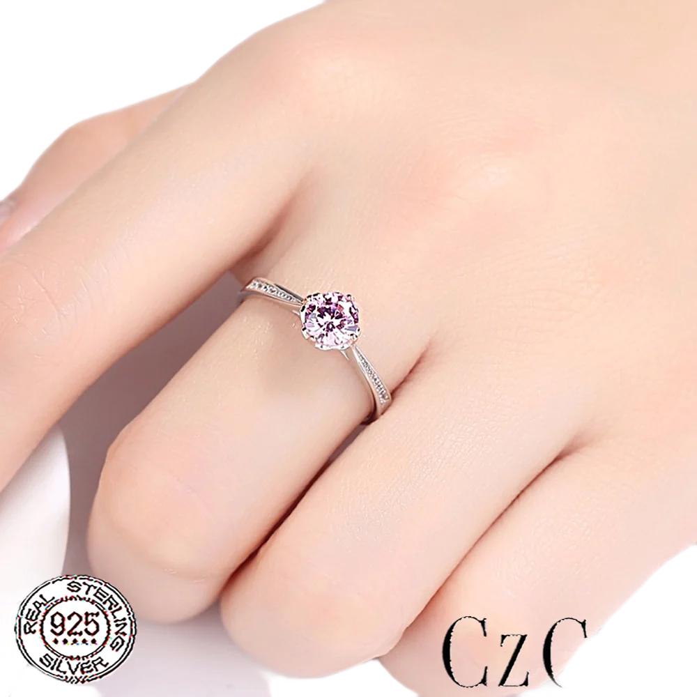 CZCITY Brand Pink Round Gemstone Romantic 925 Sterling Silver Women Wedding Bridal Engagement Fine Jewelry Brand Girlfriend Gift