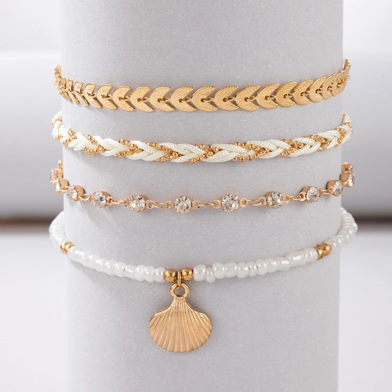 Handmade Shell and Stone Bead Multilayer Boho Anklet Set