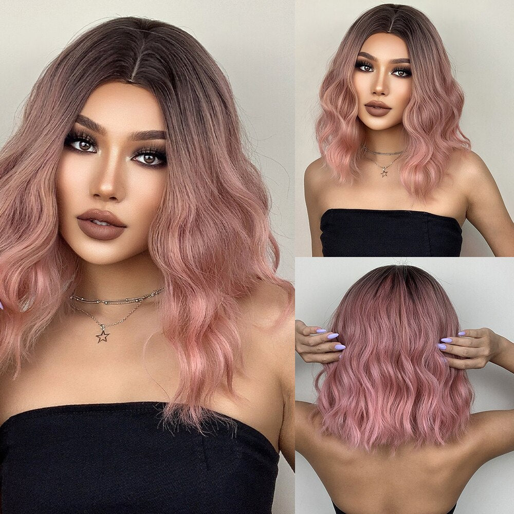 Medium Length Water Wave Synthetic Wigs Cute Pink Wigs With Bangs for Women Cosplay Natural Heat Resistant Bob Lolita Hair