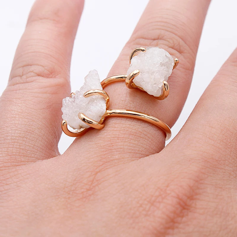 Irregular Crystal Cluster Open Ring for Women Girls Claw Setting Gold-color Boho Natural Stone Finger Jewelry Resizable - Charlie Dolly