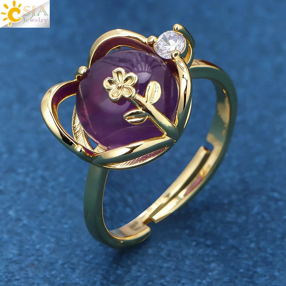 CSJA Vintage Silver Rings Natural Stone Amethyst Ring for Women Adjustable Design Handmade Fashion Jewelry Boho Accessories H765 - Charlie Dolly