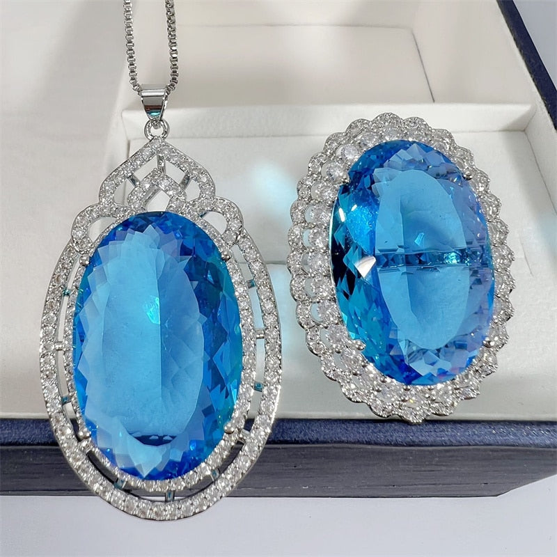 High Grade Crystal Oval Large Stone Pendant Necklace For Women Jewelry Set Trendy 925 Sterling Silver Chain Necklace Lady Gift - Charlie Dolly