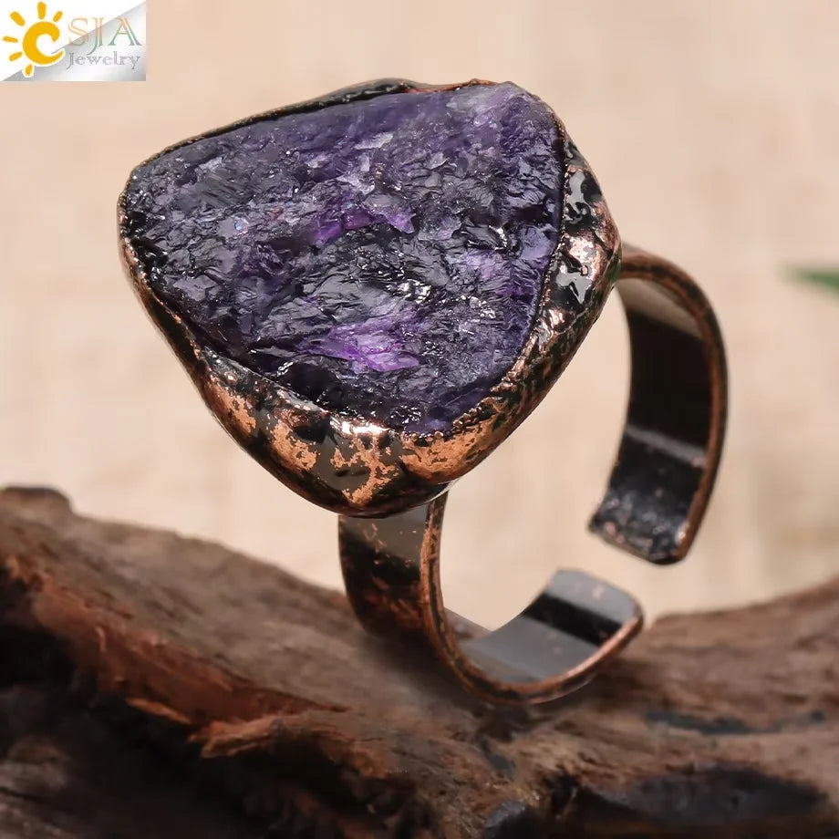 CSJA Vintage Silver Rings Natural Stone Amethyst Ring for Women Adjustable Design Handmade Fashion Jewelry Boho Accessories H765 - Charlie Dolly