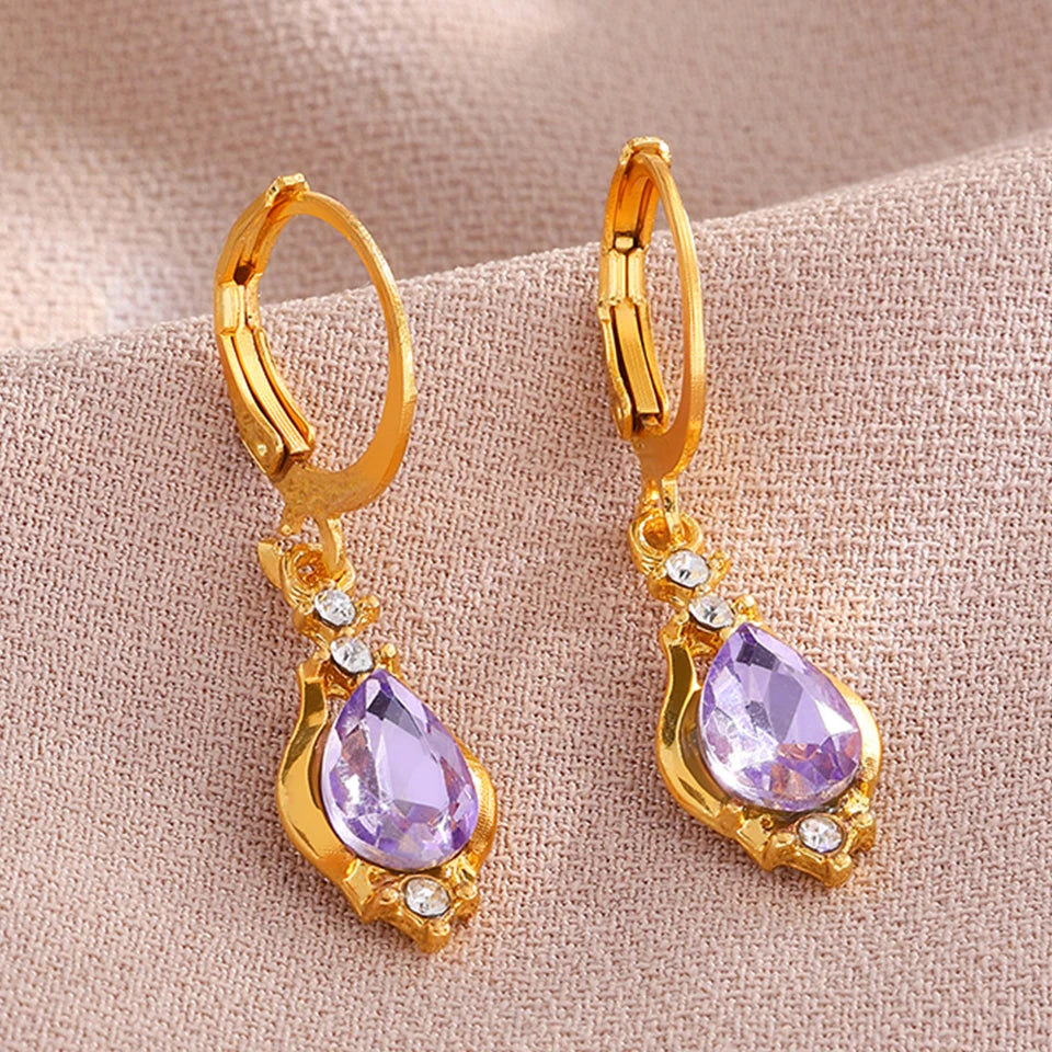 Purple Crystal Water Drop Hoop Earrings Jewelry