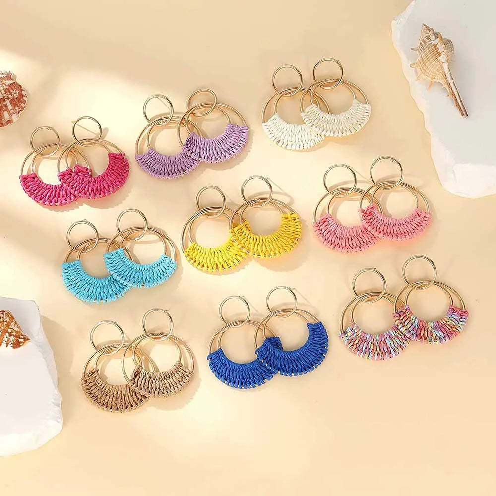 Handmade Raffia Wicker Hoop Earrings Jewelry