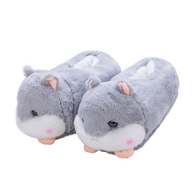 Cute Cartoon Hamster Design House Women Fur Slippers Gray Pink Brown Winter Warm Ladies Plush Shoes Onesize Fluffy Girls Slides
