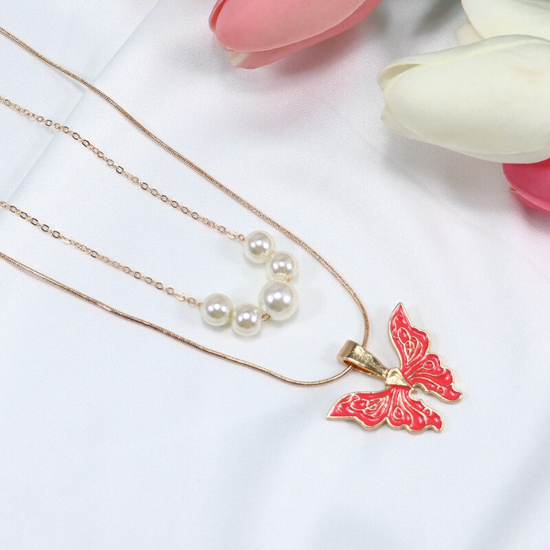 Trendy Barbie Princess Pearl Enamel Butterfly Choker Necklace For Women Holiday Party Gift Fashion Jewelry Accessories N049