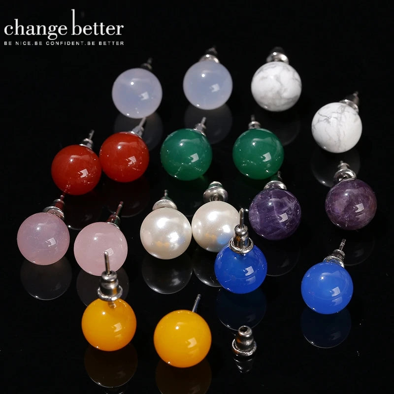 Natural Stone Agate Quartz Lapis Lazuli Tiger Eye Round Bead Stud Earrings Women Fashion Simple Stainless Steel Crystal Ear Stud - Charlie Dolly