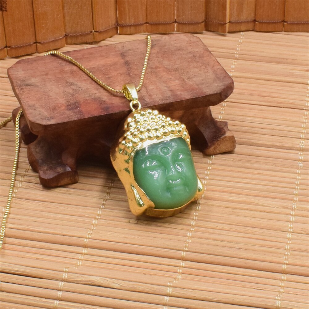 Religious Chinese Style Beliefs Buddhist Buddha Head Pendant Necklace Obsidian Buddha Copper Gold-plated Box Chain Necklace