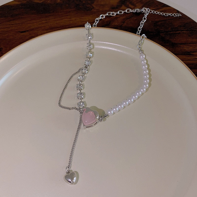 Women Titanium Steel Necklace Classic Pink Crystal Heart Jewelry