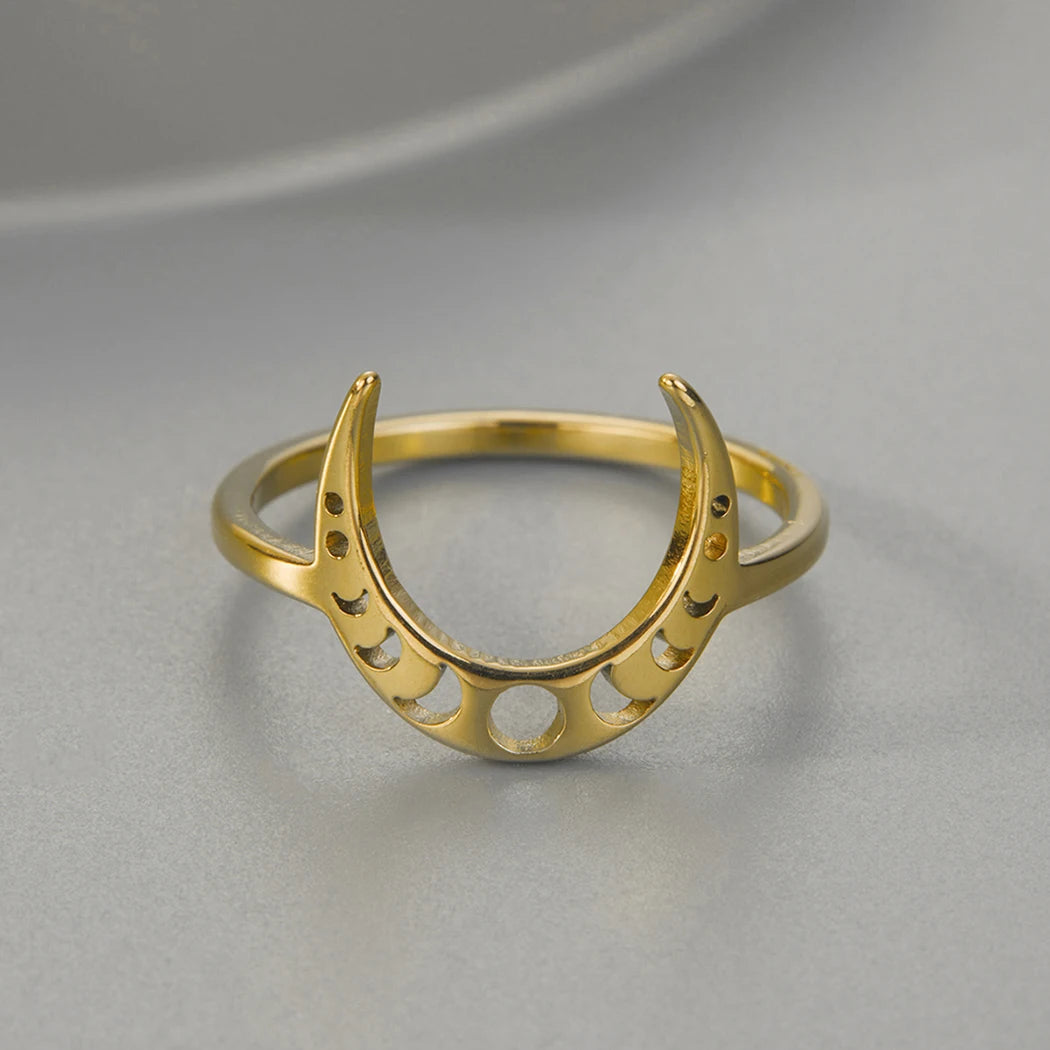 Moon Phase Band Ring, Stainless Steel Celestial Witchy Amulet
