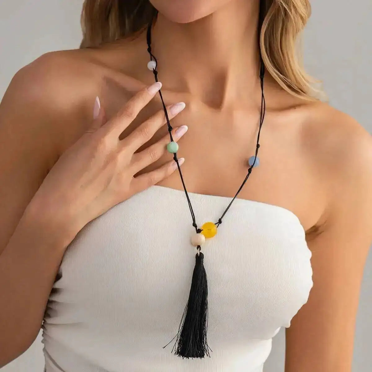 Resin Bead Tassel Leather Cord Necklace Jewelry