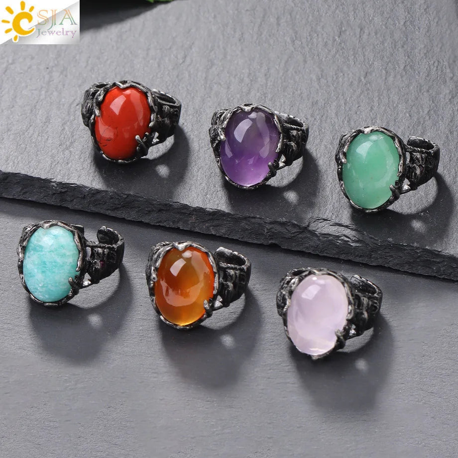 CSJA Vintage Silver Rings Natural Stone Amethyst Ring for Women Adjustable Design Handmade Fashion Jewelry Boho Accessories H765 - Charlie Dolly