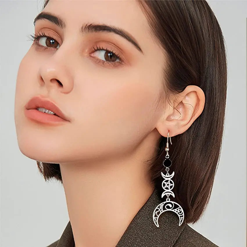 Triple Moon, Rune & Pentagram Hoop Earrings, Stainless Steel Witchy Amulet