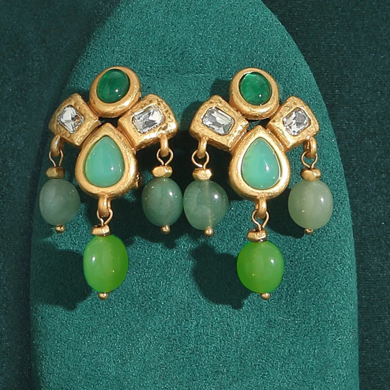 القوطية خمر قطرة استرخى أقراط للمرأة شرابات قطرات الماء الحجر الأخضر الطبيعي الذهب اللون العتيقة مجوهرات مصمم جديد